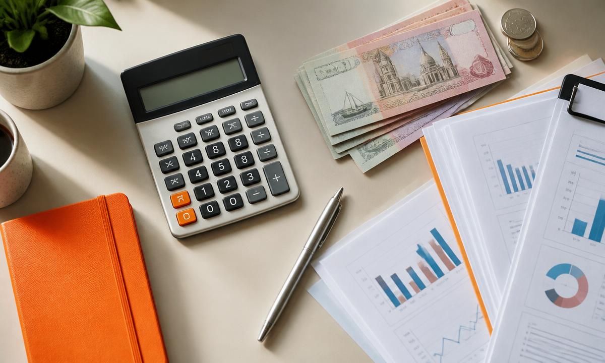 Calculator and financial documents on a desk in warm light